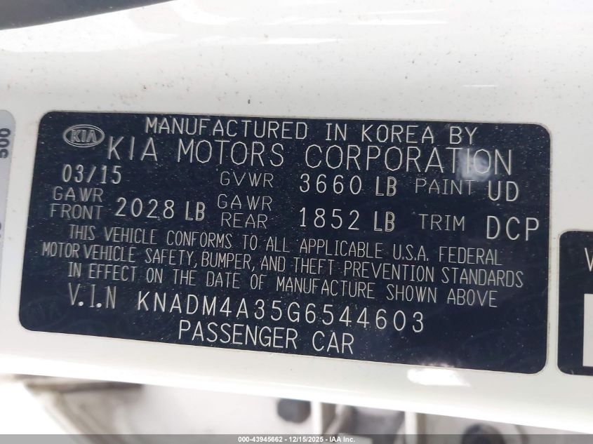 2016 Kia Rio Lx VIN: KNADM4A35G6544603 Lot: 43945662