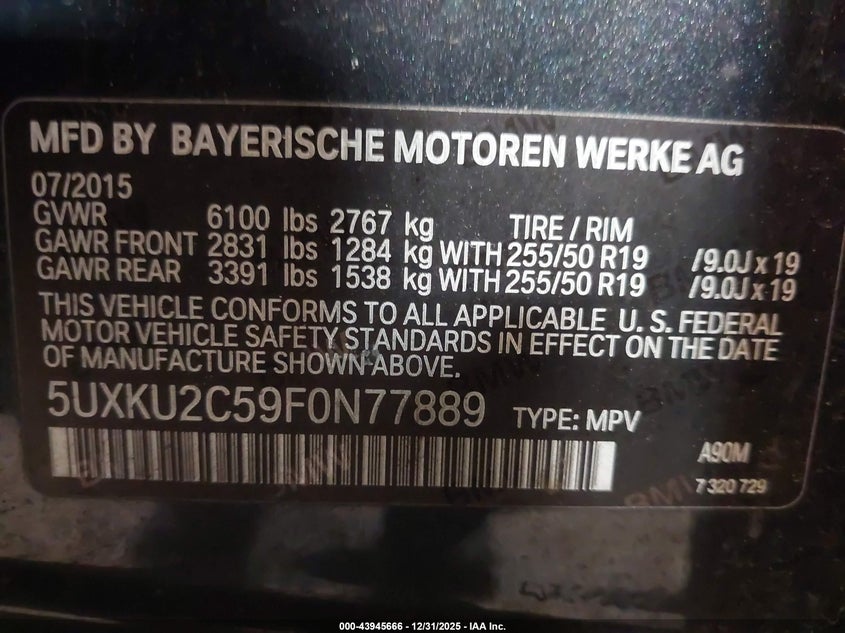 2015 BMW X6 xDrive35I VIN: 5UXKU2C59F0N77889 Lot: 43945666