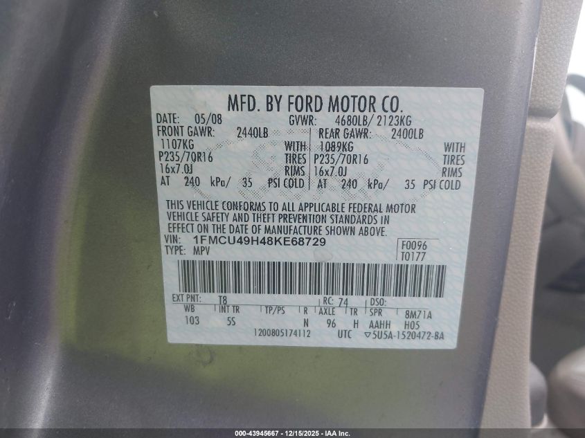 2008 Ford Escape Hybrid VIN: 1FMCU49H48KE68729 Lot: 43945667