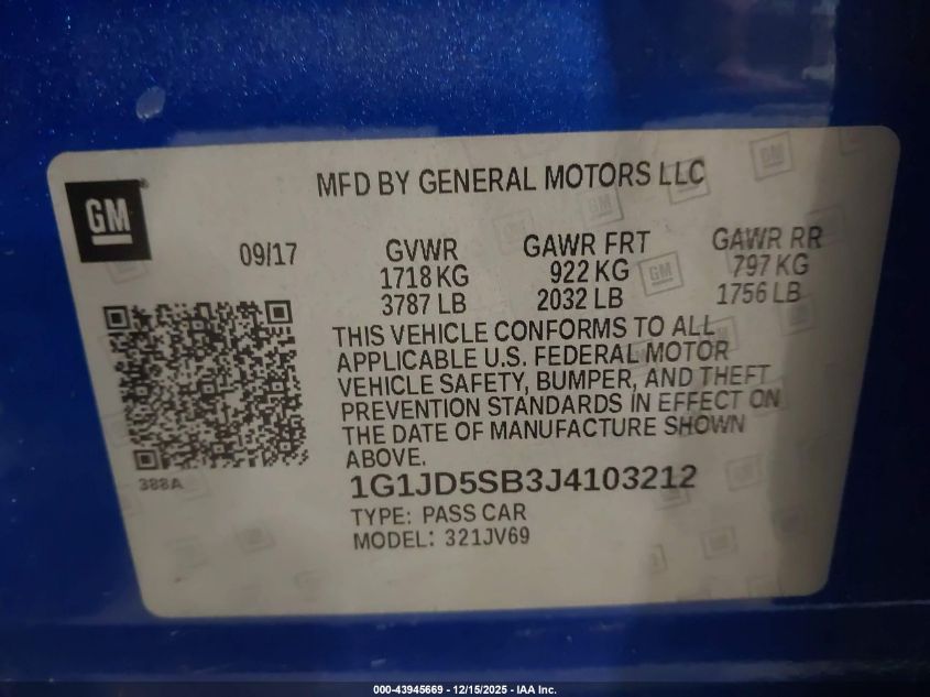 2018 Chevrolet Sonic Lt Auto VIN: 1G1JD5SB3J4103212 Lot: 43945669