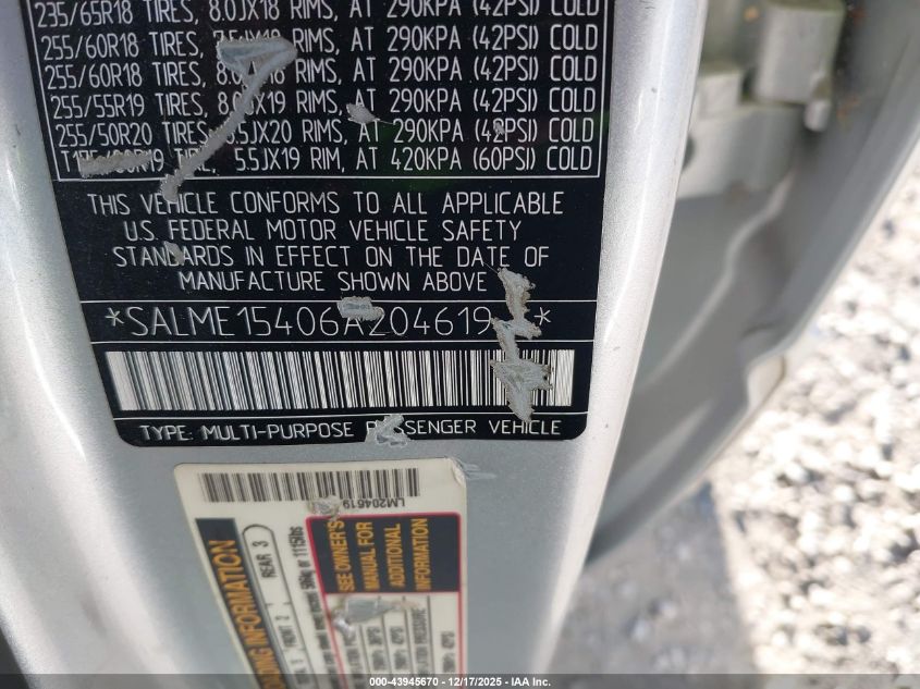 2006 Land Rover Range Rover Hse VIN: SALME15406A204619 Lot: 43945670