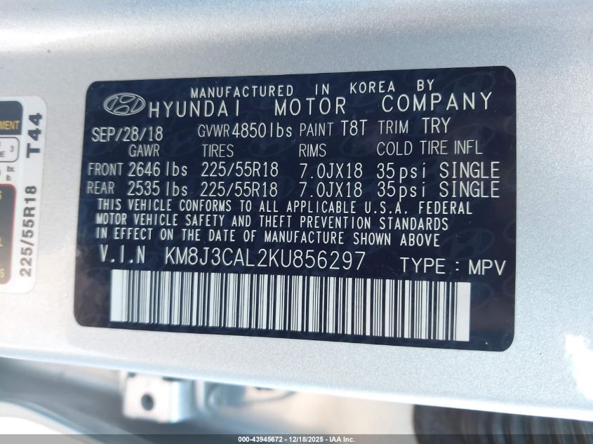 2019 Hyundai Tucson Ultimate VIN: KM8J3CAL2KU856297 Lot: 43945672