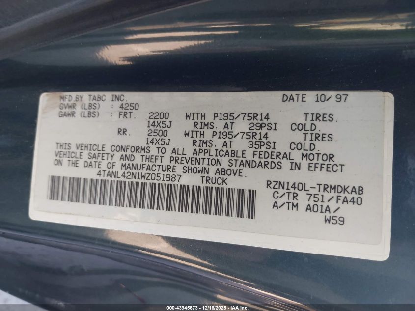 1998 Toyota Tacoma VIN: 4TANL42N1WZ051987 Lot: 43945673