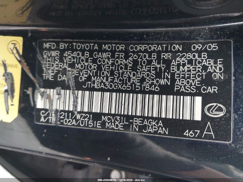 2006 Lexus Es 330 VIN: JTHBA30GX65151846 Lot: 43945676