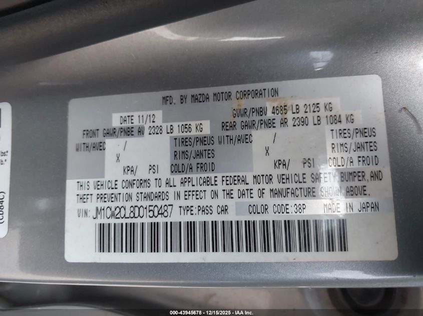 2013 Mazda Mazda5 Touring VIN: JM1CW2CL8D0150487 Lot: 43945678