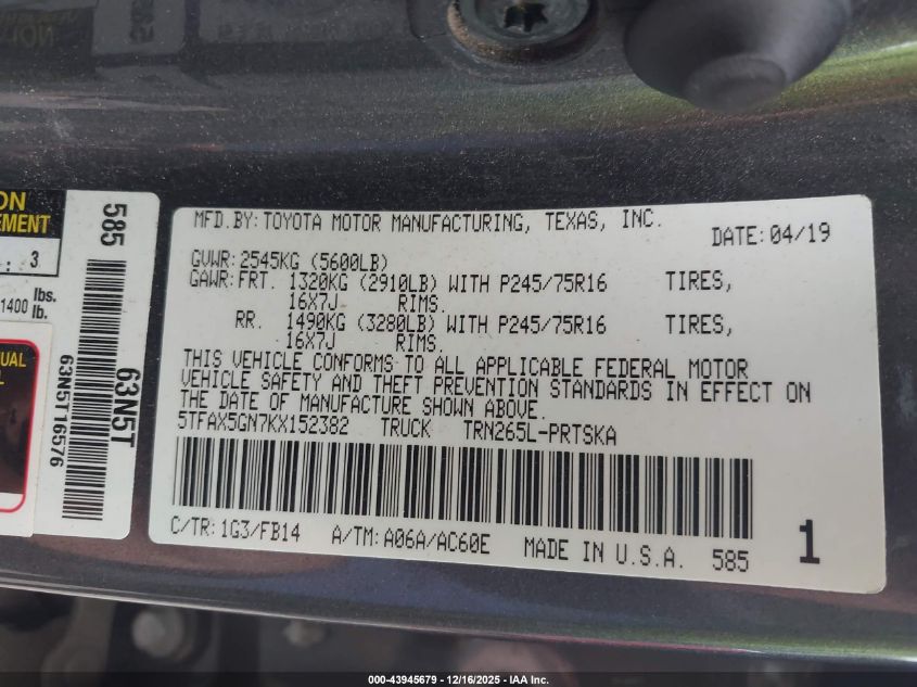 2019 Toyota Tacoma Sr VIN: 5TFAX5GN7KX152382 Lot: 43945679