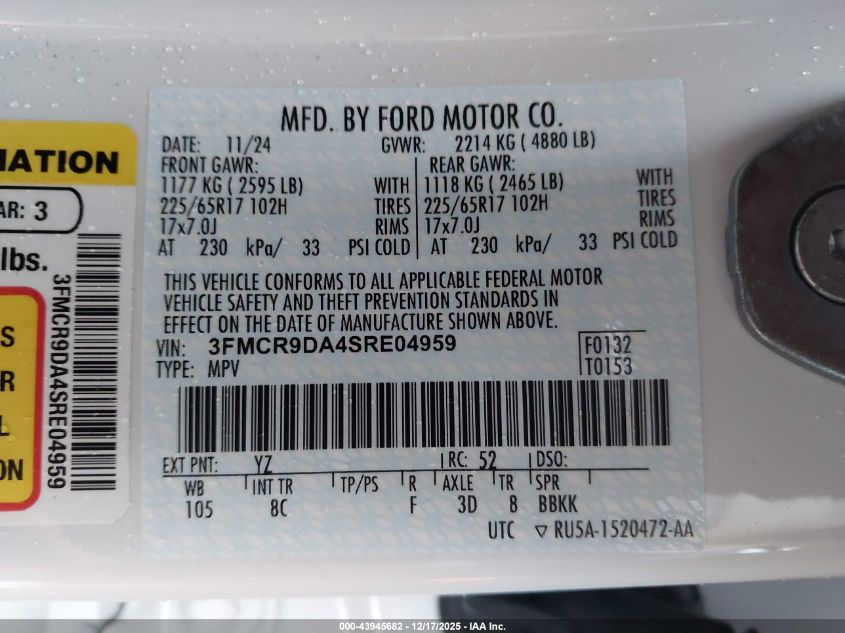 2025 Ford Bronco Sport Badlands VIN: 3FMCR9DA4SRE04959 Lot: 43945682