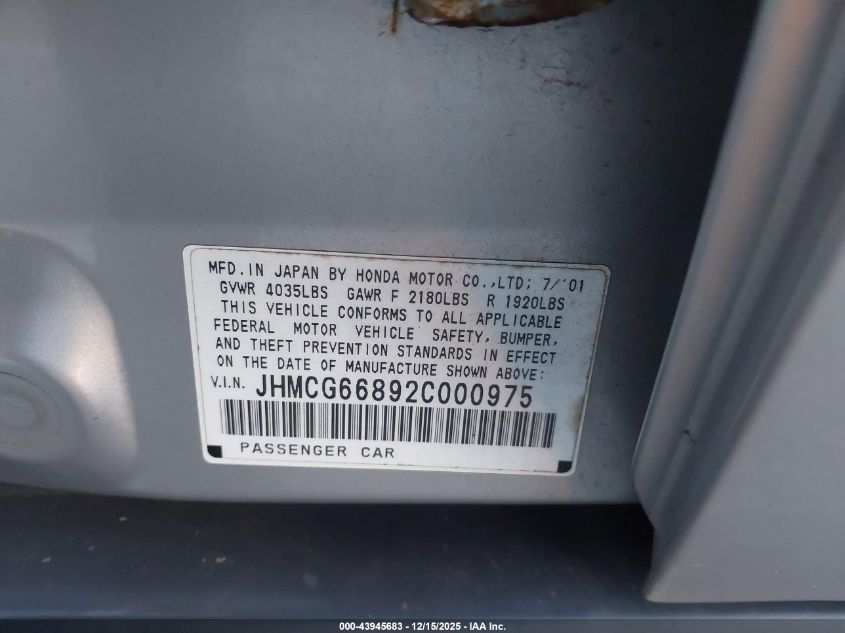 2002 Honda Accord 2.3 Ex/2.3 Se VIN: JHMCG66892C000975 Lot: 43945683