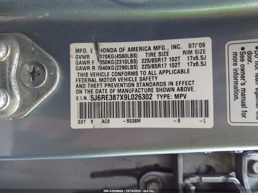 2009 Honda Cr-V Ex-L VIN: 5J6RE387X9L026302 Lot: 43945684