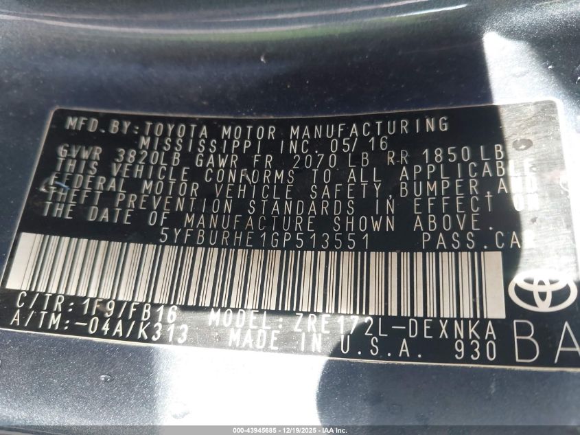 2016 Toyota Corolla Le VIN: 5YFBURHE1GP513551 Lot: 43945685