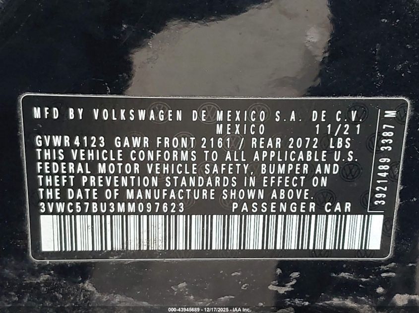 2021 Volkswagen Jetta 1.4T R-Line/1.4T S/1.4T Se VIN: 3VWC57BU3MM097623 Lot: 43945689