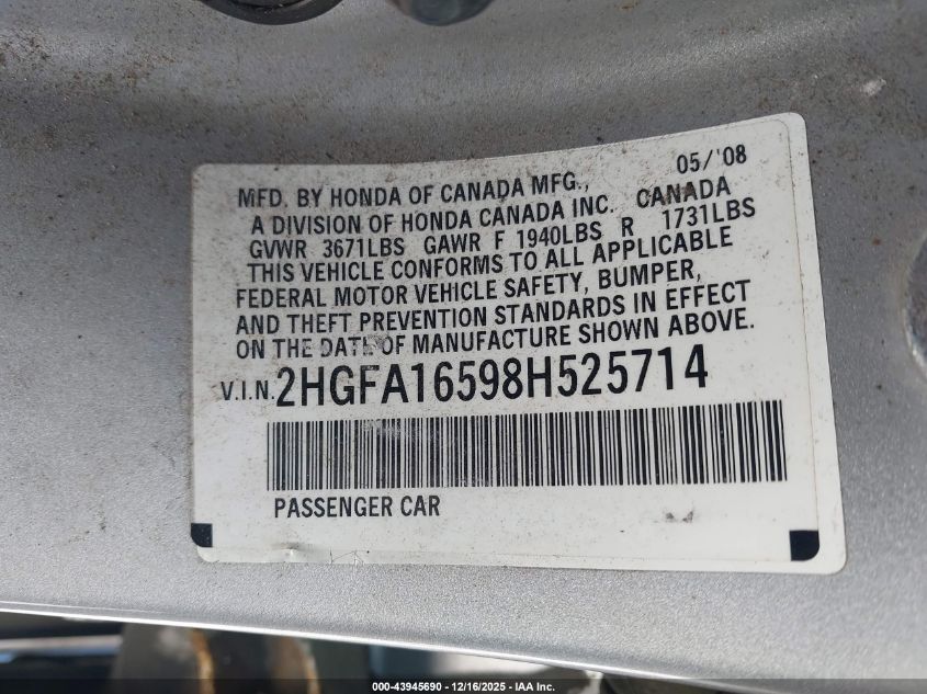 2008 Honda Civic Lx VIN: 2HGFA16598H525714 Lot: 43945690