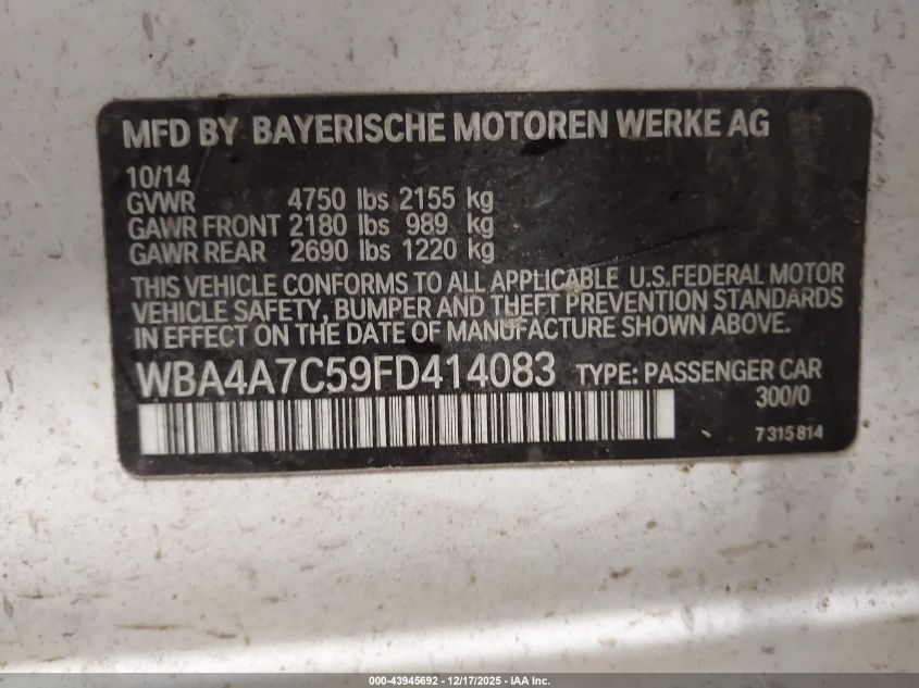 2015 BMW 428 Gran Coupe xDrive VIN: WBA4A7C59FD414083 Lot: 43945692