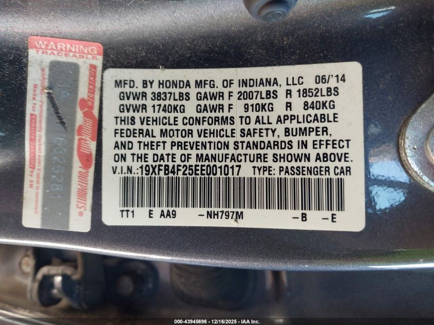 2014 Honda Civic Hybrid VIN: 19XFB4F25EE001017 Lot: 43945696