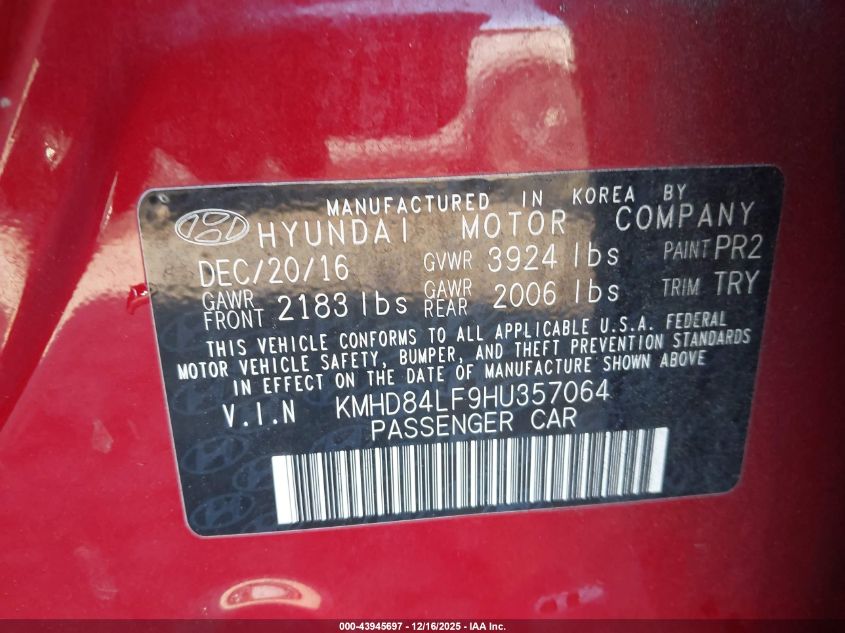 2017 Hyundai Elantra Value Edition VIN: KMHD84LF9HU357064 Lot: 43945697