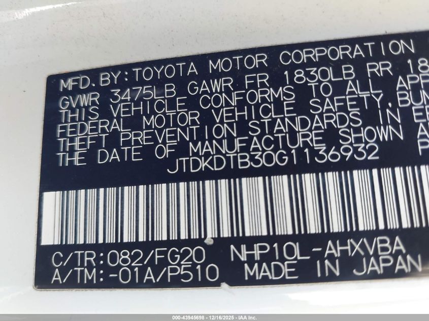 2016 Toyota Prius C Two VIN: JTDKDTB30G1136932 Lot: 43945698