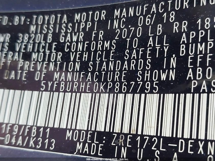 2019 Toyota Corolla Le VIN: 5YFBURHE0KP867795 Lot: 43945700