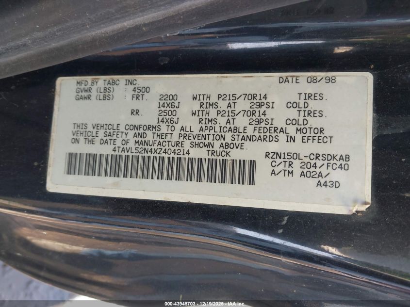 1999 Toyota Tacoma VIN: 4TAVL52N4XZ404214 Lot: 43945703