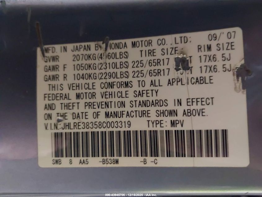 2008 Honda Cr-V Lx VIN: JHLRE38358C003319 Lot: 43945706