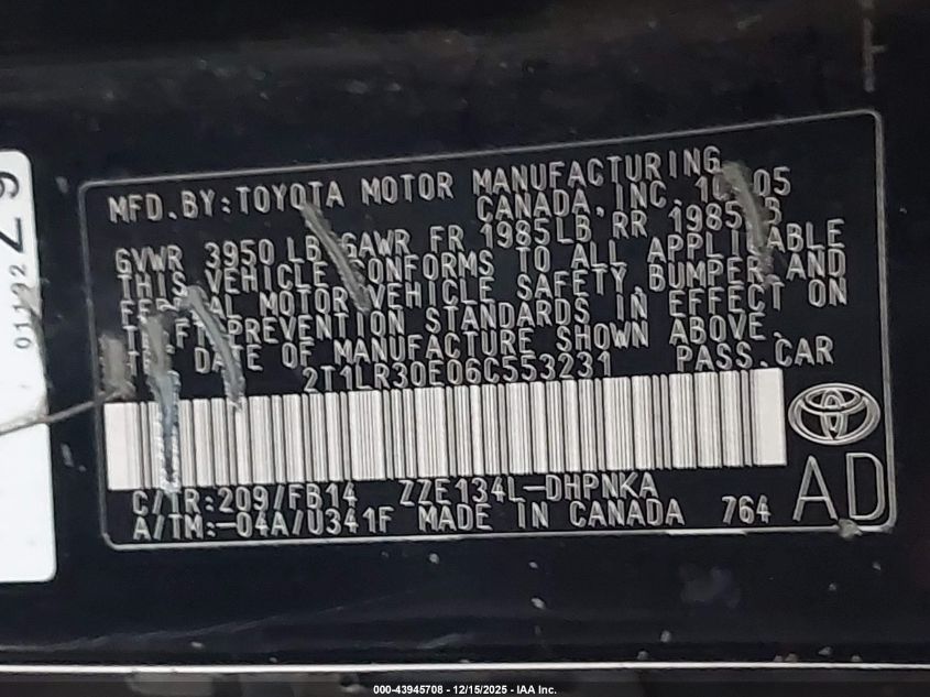 2006 Toyota Matrix Xr VIN: 2T1LR30E06C553231 Lot: 43945708