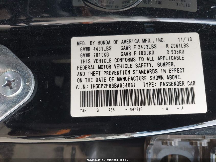 2011 Honda Accord 2.4 Ex-L VIN: 1HGCP2F89BA054087 Lot: 43945712