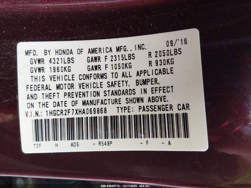 2017 Honda Accord Ex VIN: 1HGCR2F7XHA069868 Lot: 43945713