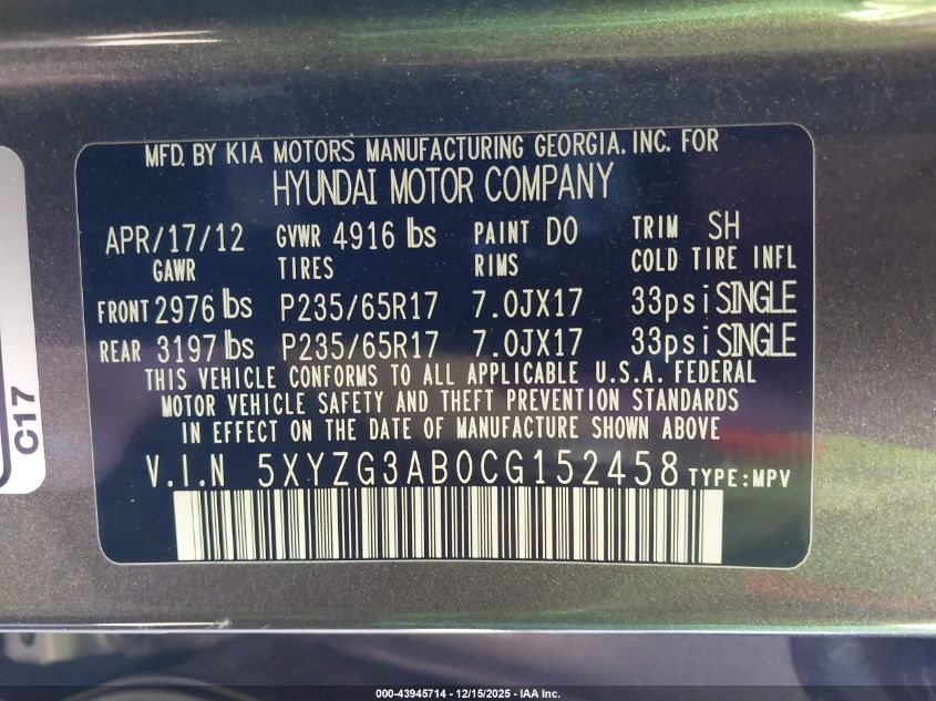 2012 Hyundai Santa Fe Gls VIN: 5XYZG3AB0CG152458 Lot: 43945714