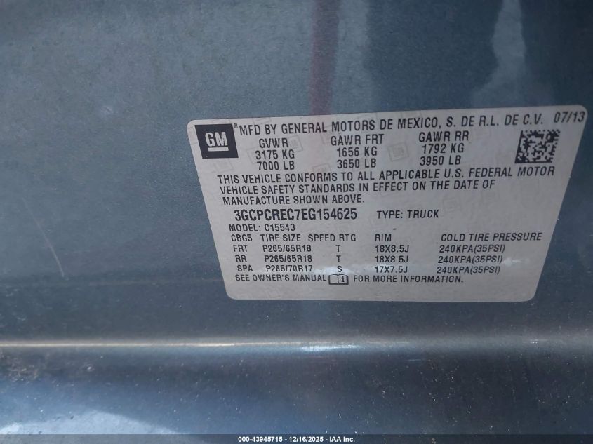 2014 Chevrolet Silverado 1500 1Lt VIN: 3GCPCREC7EG154625 Lot: 43945715