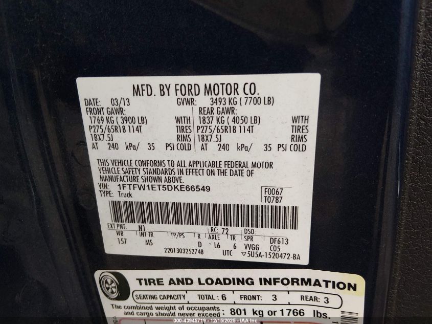 2013 Ford F-150 Xlt VIN: 1FTFW1ET5DKE66549 Lot: 43945719