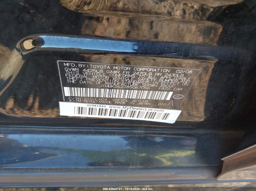 2008 Lexus Is 250 VIN: JTHBK262285067056 Lot: 43945721