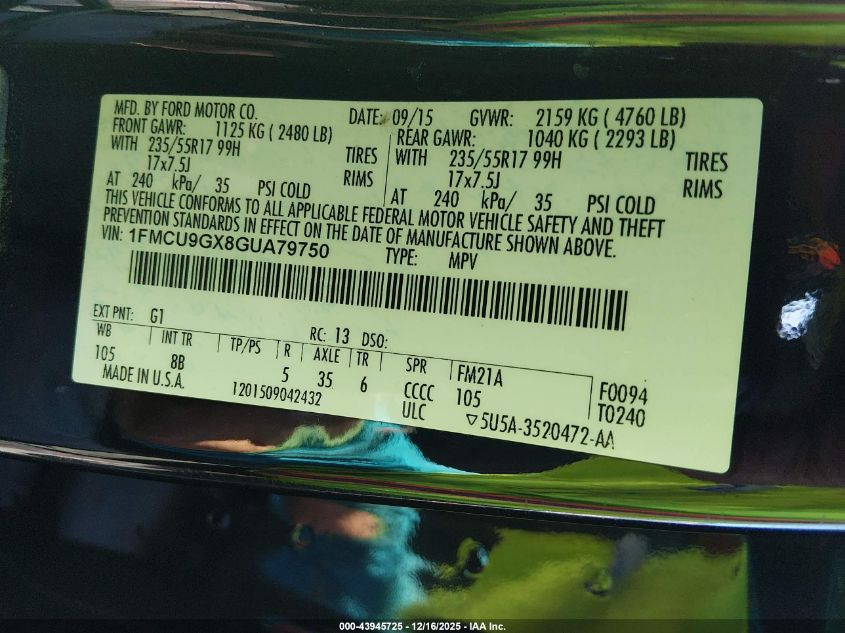 2016 Ford Escape Se VIN: 1FMCU9GX8GUA79750 Lot: 43945725