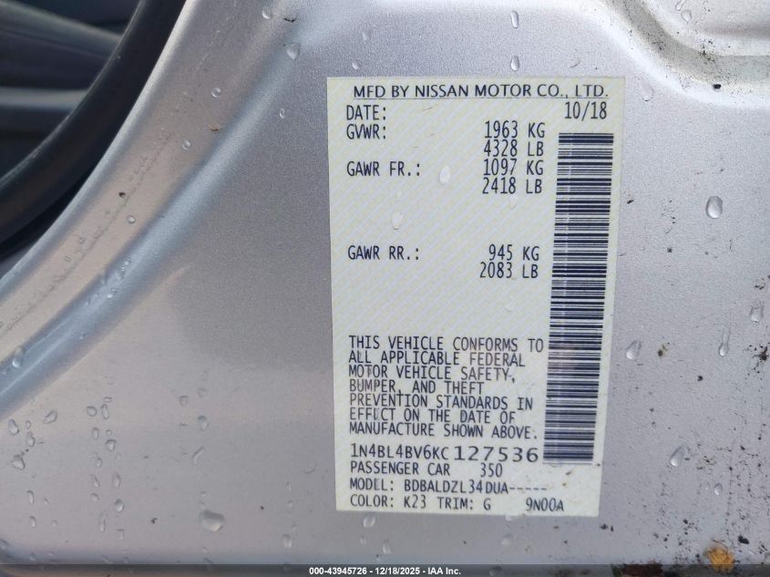 2019 Nissan Altima 2.5 S VIN: 1N4BL4BV6KC127536 Lot: 43945726