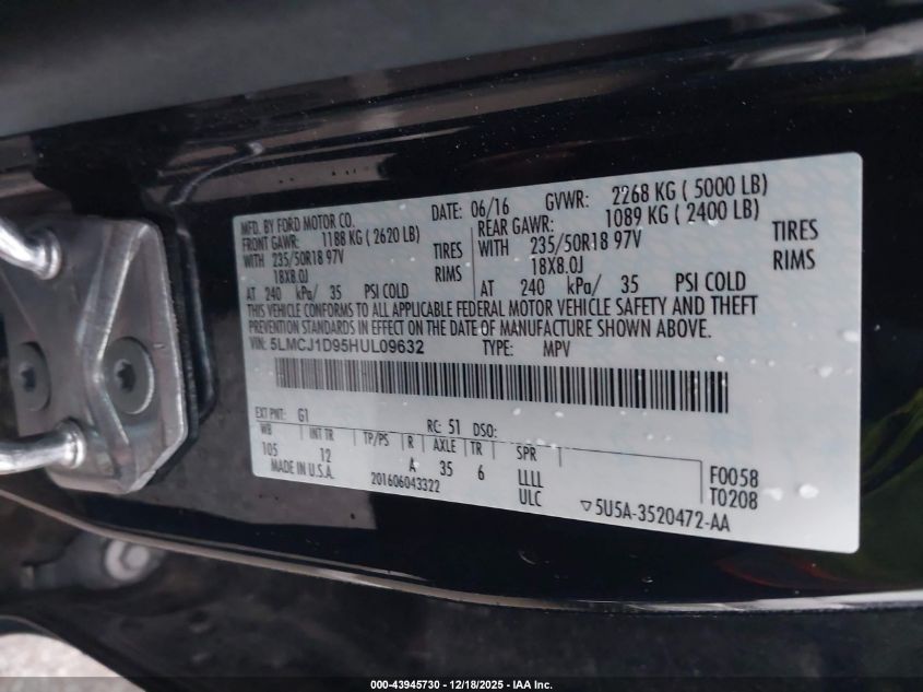 2017 Lincoln Mkc Premiere VIN: 5LMCJ1D95HUL09632 Lot: 43945730