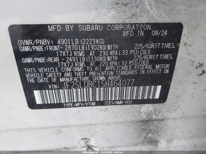 2025 Subaru Forester Premium VIN: JF2SLDBC1SH464077 Lot: 43945732