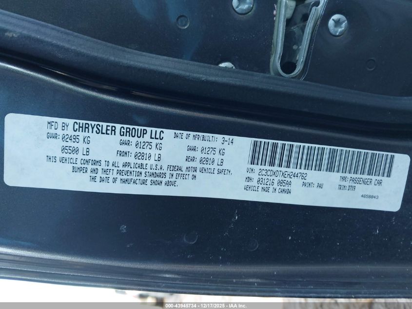 2014 Dodge Charger R/T VIN: 2C3CDXDTXEH244762 Lot: 43945734