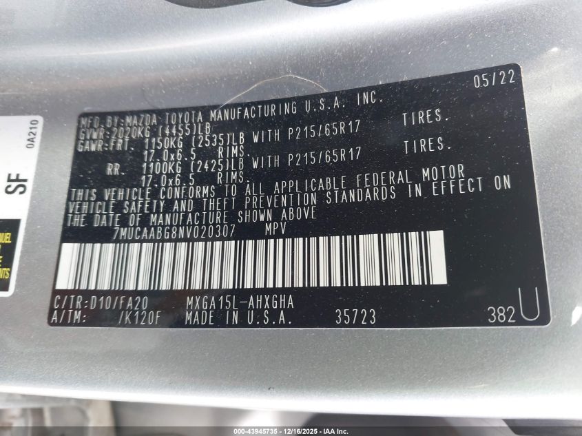 2022 Toyota Corolla Cross Le VIN: 7MUCAABG8NV020307 Lot: 43945735