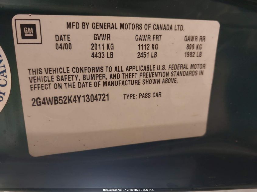 2000 Buick Regal Ls VIN: 2G4WB52K4Y1304721 Lot: 43945739