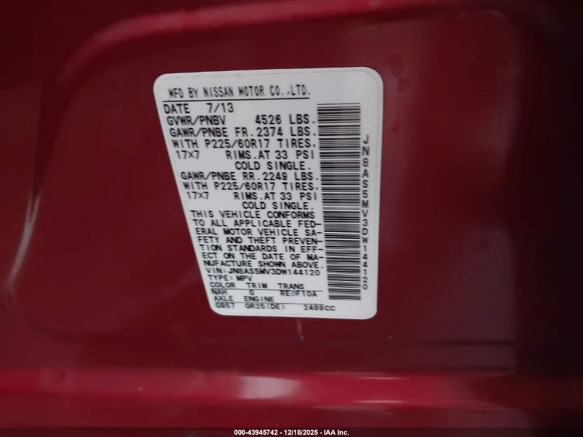 2013 Nissan Rogue Sv VIN: JN8AS5MV3DW144120 Lot: 43945742