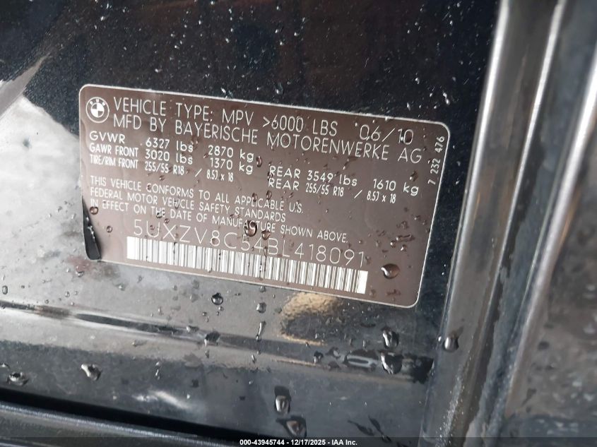 2011 BMW X5 xDrive50I VIN: 5UXZV8C54BL418091 Lot: 43945744