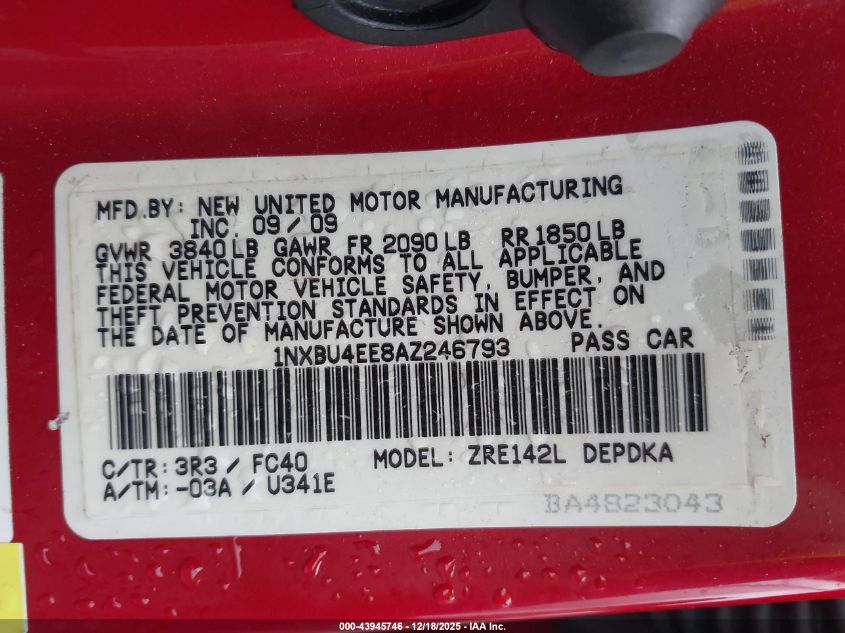 2010 Toyota Corolla Le VIN: 1NXBU4EE8AZ246793 Lot: 43945746