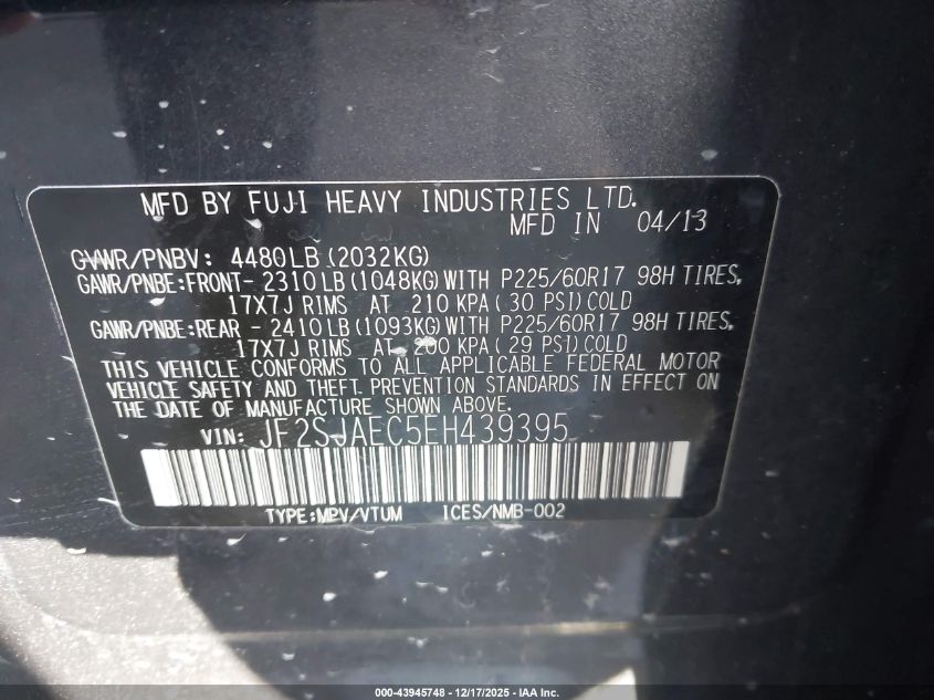 2014 Subaru Forester 2.5I Premium VIN: JF2SJAEC5EH439395 Lot: 43945748