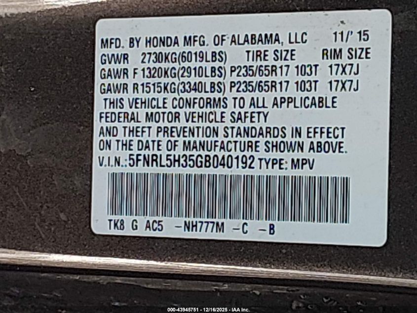 2016 Honda Odyssey Se VIN: 5FNRL5H35GB040192 Lot: 43945751