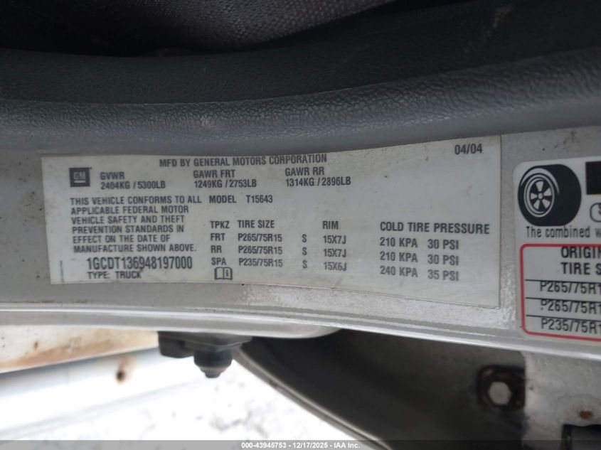 2004 Chevrolet Colorado Ls VIN: 1GCDT136948197000 Lot: 43945753