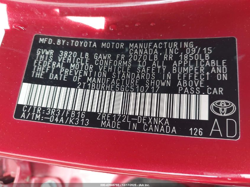 2016 Toyota Corolla Le VIN: 2T1BURHE5GC510717 Lot: 43945755