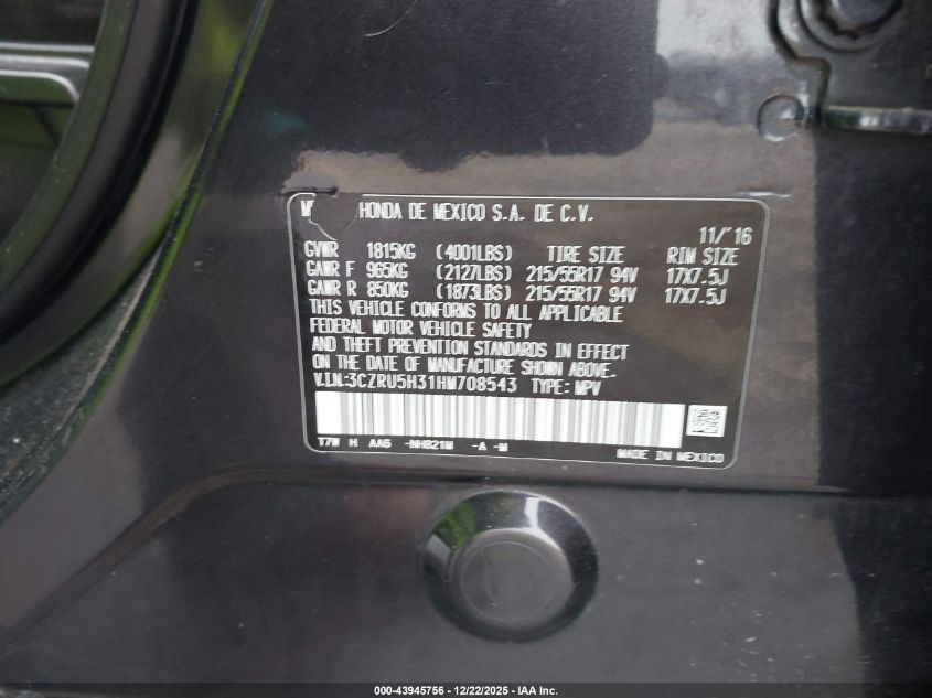 2017 Honda Hr-V Lx VIN: 3CZRU5H31HM708543 Lot: 43945756