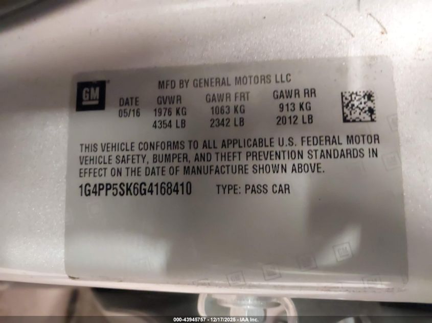 2016 Buick Verano VIN: 1G4PP5SK6G4168410 Lot: 43945757