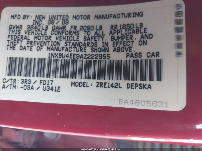 2010 Toyota Corolla S VIN: 1NXBU4EE9AZ222955 Lot: 43945758