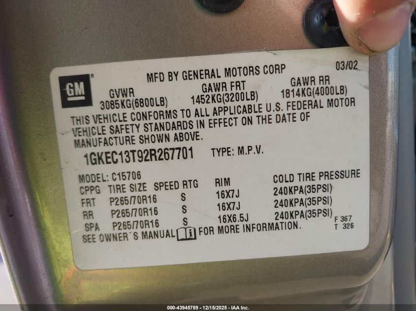 2002 GMC Yukon Slt VIN: 1GKEC13T92R267701 Lot: 43945759