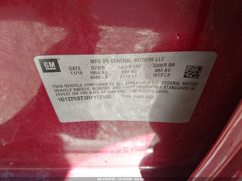 2017 Chevrolet Malibu 1Lt VIN: 1G1ZE5ST3HF172165 Lot: 43945760