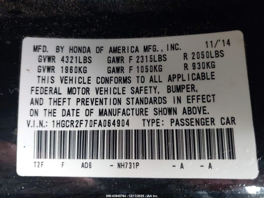 2015 Honda Accord Ex VIN: 1HGCR2F70FA064904 Lot: 43945764